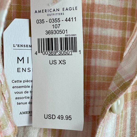 NWOT American Eagle Oversized Linen-Blend Plaid Button Down Shirt Roll Tab XS-1X - Picture 7 of 16